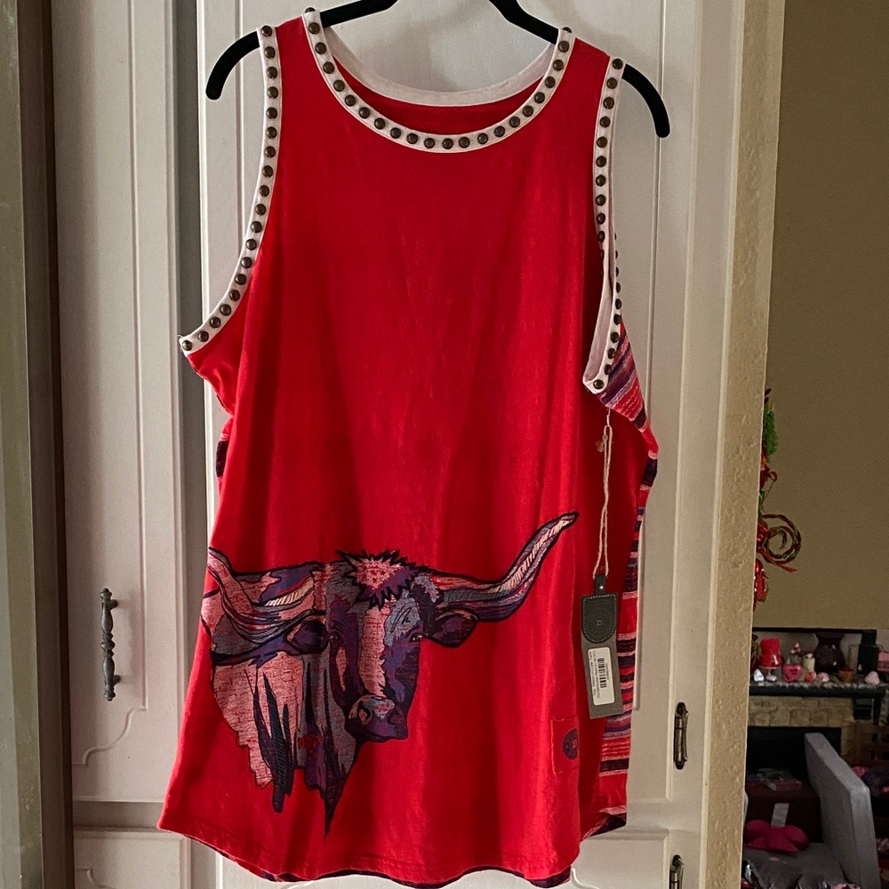 Double D Ranch Red Tank Top with Bull Design
